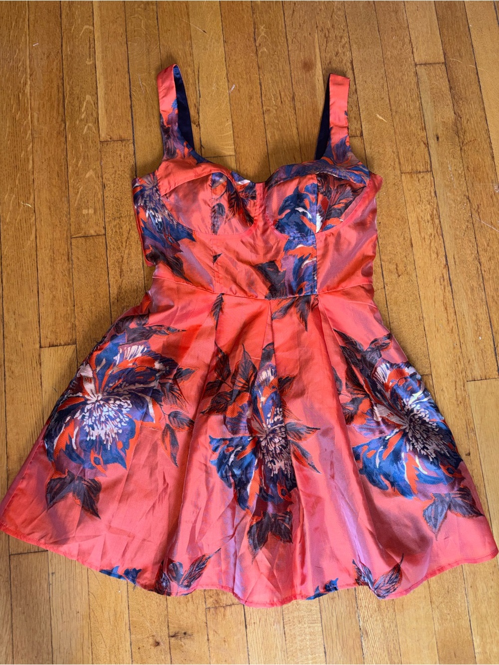 Eva Franco Coral Mini Dress with Blue Floral Print